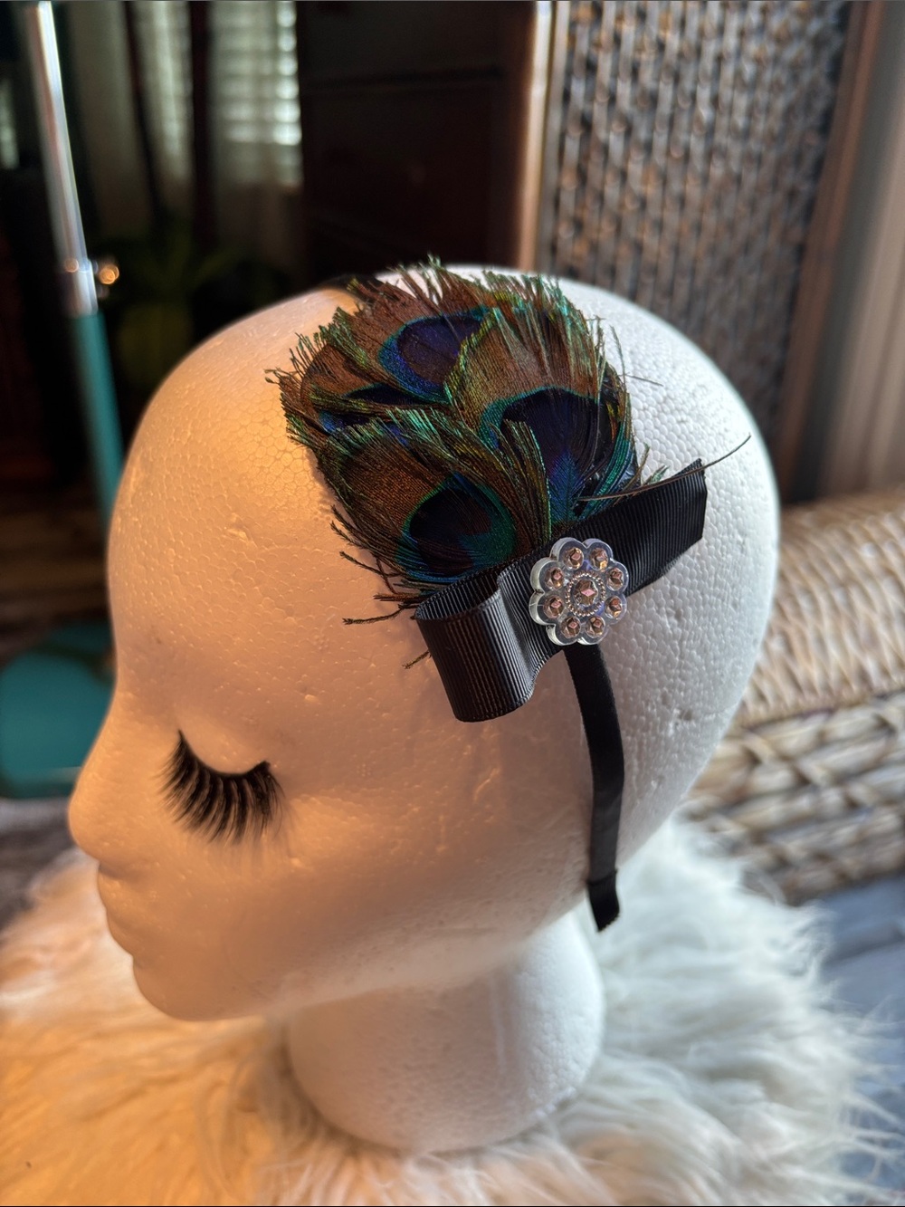 Peacock Feather Accent Headband with Black Bow
